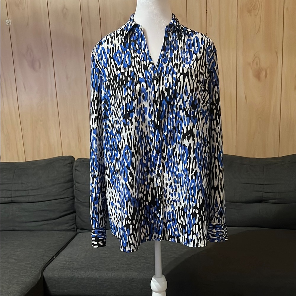 Talbots Vibrant Blue and Black Patterned Long Sleeve Shirt Size Large